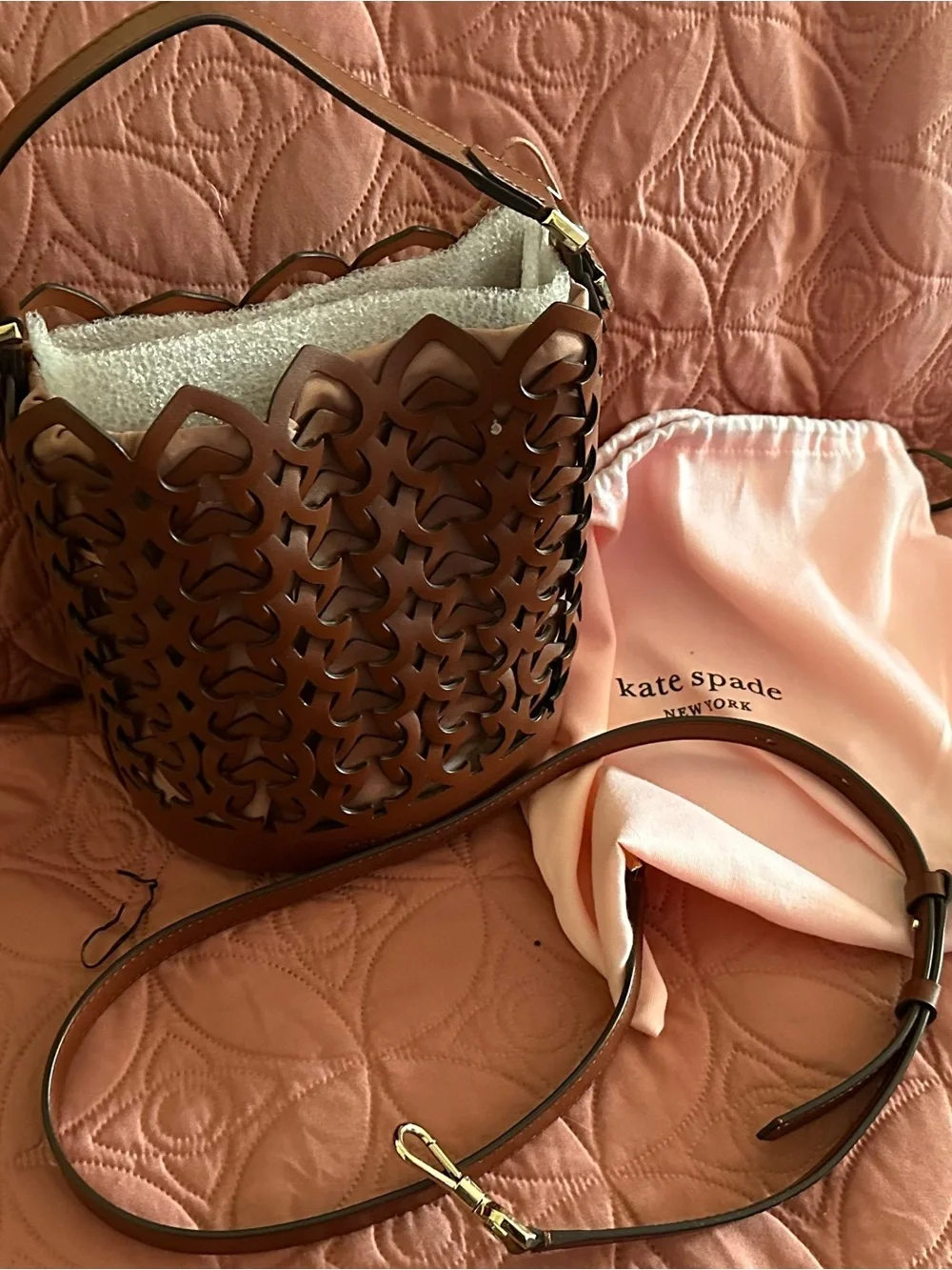 kate spade Brown Laser-Cut Leather Bucket Shoulder Bag